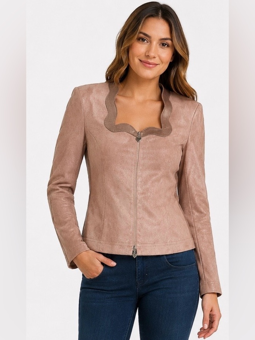 Joseph Ribkoff Blush Faux Suede Vintage Jacket Scalloped Neck Heart Zip Size 4